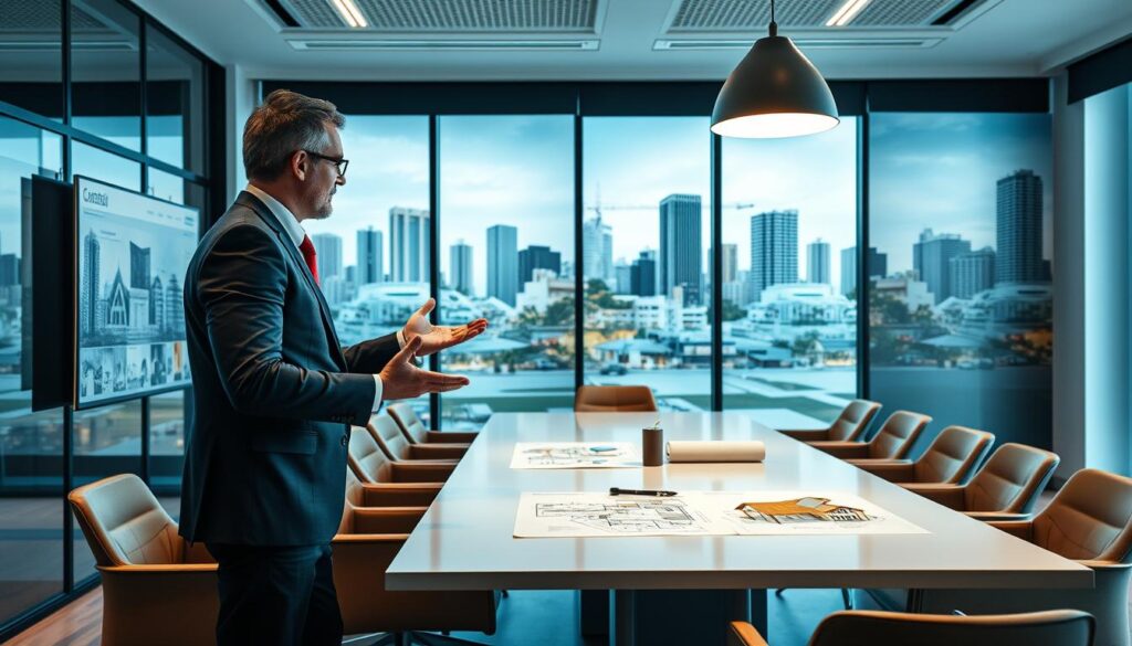 A modern real estate office interior in Maringá, showcasing a stylish conference room with a large table and comfortable chairs. In the foreground, a professional real estate agent dressed in business attire explains the concept of property exchange, gesturing towards a digital presentation on a sleek monitor. In the middle, a large window with natural light floods the room, illuminating architectural sketches of residential properties on the table. The background features large cityscape images of Maringá, emphasizing the local market. The atmosphere is vibrant and inviting, reflecting a sense of professionalism and opportunity, with a clear focus on collaboration and property investment. The lighting is bright and engaging, enhancing the modern aesthetic of the office setting. A modern real estate office interior in Maringá, showcasing a stylish conference room with a large table and comfortable chairs. In the foreground, a professional real estate agent dressed in business attire explains the concept of property exchange, gesturing towards a digital presentation on a sleek monitor. In the middle, a large window with natural light floods the room, illuminating architectural sketches of residential properties on the table. The background features large cityscape images of Maringá, emphasizing the local market. The atmosphere is vibrant and inviting, reflecting a sense of professionalism and opportunity, with a clear focus on collaboration and property investment. The lighting is bright and engaging, enhancing the modern aesthetic of the office setting.