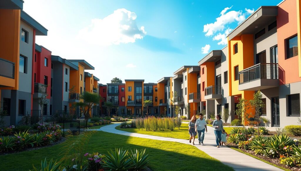 A modern residential complex, "Residencial Soládio Itália II," showcasing well-designed housing units with vibrant colors and contemporary architectural styles. In the foreground, neatly kept gardens with native plants and walking paths invite a sense of community. The middle ground features the housing units, each with balconies and large windows, reflecting sunlight, suggesting warmth and livability. In the background, a clear blue sky with a few fluffy white clouds complements the scene, adding depth. The architectural layout promotes openness and accessibility, with families and children playing peacefully outside, dressed in modest casual clothing. Soft afternoon lighting enhances the inviting atmosphere, capturing a moment of community life in Maringá. A modern residential complex, "Residencial Soládio Itália II," showcasing well-designed housing units with vibrant colors and contemporary architectural styles. In the foreground, neatly kept gardens with native plants and walking paths invite a sense of community. The middle ground features the housing units, each with balconies and large windows, reflecting sunlight, suggesting warmth and livability. In the background, a clear blue sky with a few fluffy white clouds complements the scene, adding depth. The architectural layout promotes openness and accessibility, with families and children playing peacefully outside, dressed in modest casual clothing. Soft afternoon lighting enhances the inviting atmosphere, capturing a moment of community life in Maringá.
