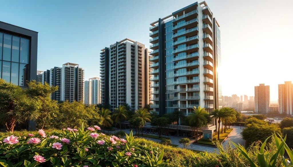 A modern residential condominium complex in Maringá, featuring sleek architecture with large glass facades and landscaped gardens. In the foreground, lush greenery with vibrant flowers enhances the urban setting. The middle ground showcases several buildings of varying heights, capturing the essence of living high up versus on the ground level. The background reveals Maringá's iconic skyline, with a clear blue sky during golden hour, casting a warm glow. The shot is taken from an angled perspective, emphasizing depth and dimension, with soft lighting that creates a serene and inviting atmosphere. The image should inspire a sense of community and tranquility, highlighting the contrast between the hustle of city life and the peaceful living environments. A modern residential condominium complex in Maringá, featuring sleek architecture with large glass facades and landscaped gardens. In the foreground, lush greenery with vibrant flowers enhances the urban setting. The middle ground showcases several buildings of varying heights, capturing the essence of living high up versus on the ground level. The background reveals Maringá's iconic skyline, with a clear blue sky during golden hour, casting a warm glow. The shot is taken from an angled perspective, emphasizing depth and dimension, with soft lighting that creates a serene and inviting atmosphere. The image should inspire a sense of community and tranquility, highlighting the contrast between the hustle of city life and the peaceful living environments.