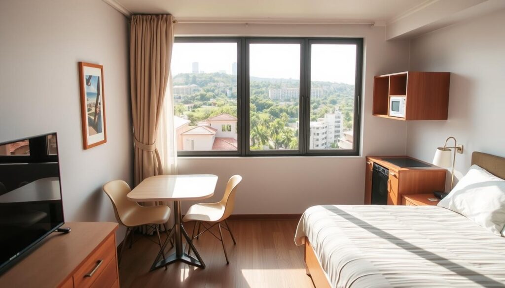 A modern studio apartment available for rent in Maringá, Brazil. The foreground features a well-furnished kitnet with a cozy bed, small dining table, and a compact kitchenette, showcasing a stylish design. In the middle, a large window allows natural light to stream in, illuminating the bright, inviting color scheme of the interior. The background reveals a sunny view of Maringá’s cityscape, with lush greenery and nearby buildings, highlighting the urban lifestyle. The composition captures a warm and welcoming atmosphere, reflecting the potential investment appeal for renters. The scene is photographed from a slightly elevated angle to create depth, emphasizing spaciousness and comfort, with soft, natural lighting to enhance the mood. A modern studio apartment available for rent in Maringá, Brazil. The foreground features a well-furnished kitnet with a cozy bed, small dining table, and a compact kitchenette, showcasing a stylish design. In the middle, a large window allows natural light to stream in, illuminating the bright, inviting color scheme of the interior. The background reveals a sunny view of Maringá’s cityscape, with lush greenery and nearby buildings, highlighting the urban lifestyle. The composition captures a warm and welcoming atmosphere, reflecting the potential investment appeal for renters. The scene is photographed from a slightly elevated angle to create depth, emphasizing spaciousness and comfort, with soft, natural lighting to enhance the mood.