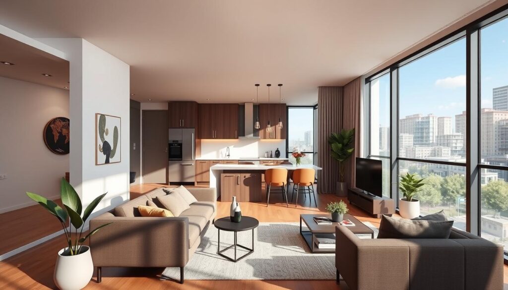 A modern, stylish apartment interior showcasing an open-plan studio space in the new Centro de Maringá. The foreground features a tastefully furnished living area with a cozy sofa, a small table, and decorative plants, evoking a sense of comfort and modernity. The middle ground highlights a sleek kitchen with high-end appliances and a minimalist dining area. Large, floor-to-ceiling windows fill the space with warm, natural light, casting soft shadows that enhance the inviting atmosphere. In the background, glimpses of the vibrant outdoor city life can be seen, adding a lively context. Capture this scene in a bright, airy style using a wide-angle lens to emphasize the spaciousness and contemporary design, creating a harmonious blend of elegance and practicality. A modern, stylish apartment interior showcasing an open-plan studio space in the new Centro de Maringá. The foreground features a tastefully furnished living area with a cozy sofa, a small table, and decorative plants, evoking a sense of comfort and modernity. The middle ground highlights a sleek kitchen with high-end appliances and a minimalist dining area. Large, floor-to-ceiling windows fill the space with warm, natural light, casting soft shadows that enhance the inviting atmosphere. In the background, glimpses of the vibrant outdoor city life can be seen, adding a lively context. Capture this scene in a bright, airy style using a wide-angle lens to emphasize the spaciousness and contemporary design, creating a harmonious blend of elegance and practicality.