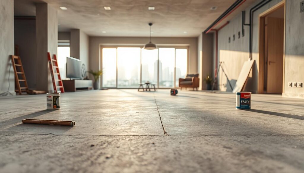 A modern, stylish apartment interior showcasing an unfinished concrete floor, also known as "contrapiso." In the foreground, focus on the textured surface of the raw concrete, with scattered construction materials like tools and paint cans, emphasizing the renovation atmosphere. In the middle, depict a well-lit, spacious living area with large windows that let in natural light, revealing a glimpse of the Maringá city skyline outside. The background should feature partially finished walls and exposed electrical wiring, evoking the potential of the space. Use soft, warm lighting to create an inviting yet industrious mood, captured from a slightly elevated angle to highlight the layout and depth of the apartment. Ensure the scene is devoid of people or distractions, focusing solely on the space's characteristics and potential. A modern, stylish apartment interior showcasing an unfinished concrete floor, also known as "contrapiso." In the foreground, focus on the textured surface of the raw concrete, with scattered construction materials like tools and paint cans, emphasizing the renovation atmosphere. In the middle, depict a well-lit, spacious living area with large windows that let in natural light, revealing a glimpse of the Maringá city skyline outside. The background should feature partially finished walls and exposed electrical wiring, evoking the potential of the space. Use soft, warm lighting to create an inviting yet industrious mood, captured from a slightly elevated angle to highlight the layout and depth of the apartment. Ensure the scene is devoid of people or distractions, focusing solely on the space's characteristics and potential.