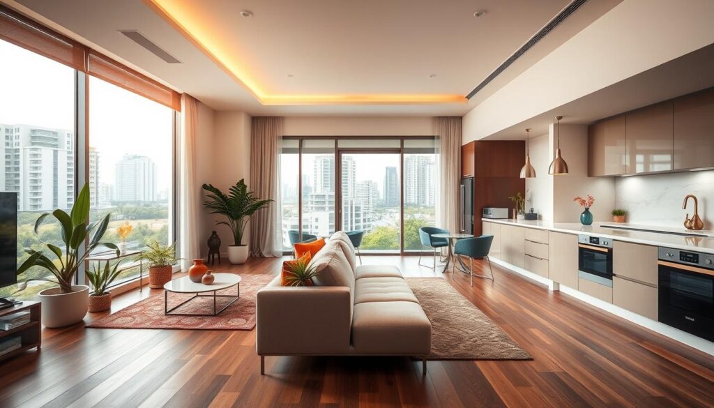 A modern, stylish studio apartment for sale in a vibrant, newly developed area of Maringá, Brazil. The foreground features sleek wooden flooring with a cozy sitting area showcasing minimalist furniture, bright decorative accents, and potted plants. In the middle ground, large windows allow natural light to flood in, illuminating an open-concept kitchen with state-of-the-art appliances and a chic dining space. The background depicts a bustling urban landscape visible through the windows, highlighting contemporary buildings and greenery. The atmosphere is inviting and professional, exuding a sense of opportunity for potential investors. The image should capture the essence of modern living spaces, characterized by elegance and functionality, with a clear focus on the studio's interior design details. Soft lighting enhances the overall appeal, making it perfect for an article section about apartment options for sale. A modern, stylish studio apartment for sale in a vibrant, newly developed area of Maringá, Brazil. The foreground features sleek wooden flooring with a cozy sitting area showcasing minimalist furniture, bright decorative accents, and potted plants. In the middle ground, large windows allow natural light to flood in, illuminating an open-concept kitchen with state-of-the-art appliances and a chic dining space. The background depicts a bustling urban landscape visible through the windows, highlighting contemporary buildings and greenery. The atmosphere is inviting and professional, exuding a sense of opportunity for potential investors. The image should capture the essence of modern living spaces, characterized by elegance and functionality, with a clear focus on the studio's interior design details. Soft lighting enhances the overall appeal, making it perfect for an article section about apartment options for sale.