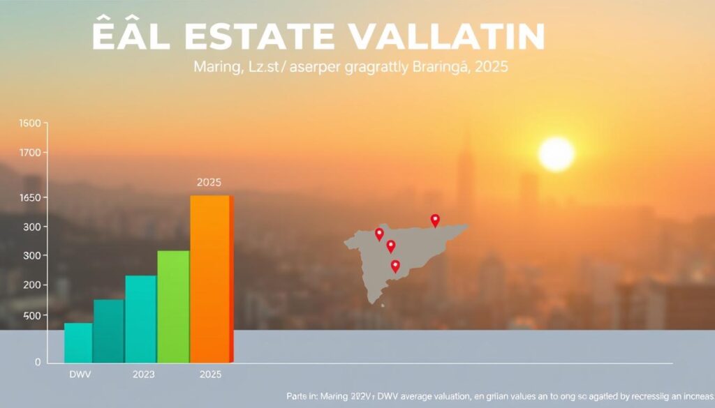 A modern, stylized infographic illustrating the real estate valuation trends in Maringá, Brazil, for the year 2025, specifically focusing on the DWV average valuation per square meter. The foreground features a sleek bar graph highlighting Maringá in third place, with vibrant colors like teal and orange for visual clarity. In the middle, show an abstract map of Maringá, pinning key locations where property values have increased. The background has a subtle skyline of Maringá, lit by a soft, golden sunset to create an optimistic mood. Use a clean, minimalistic design style, avoiding any text or annotations, with smooth gradients and a warm color palette to evoke a sense of growth and prosperity in real estate. A modern, stylized infographic illustrating the real estate valuation trends in Maringá, Brazil, for the year 2025, specifically focusing on the DWV average valuation per square meter. The foreground features a sleek bar graph highlighting Maringá in third place, with vibrant colors like teal and orange for visual clarity. In the middle, show an abstract map of Maringá, pinning key locations where property values have increased. The background has a subtle skyline of Maringá, lit by a soft, golden sunset to create an optimistic mood. Use a clean, minimalistic design style, avoiding any text or annotations, with smooth gradients and a warm color palette to evoke a sense of growth and prosperity in real estate.