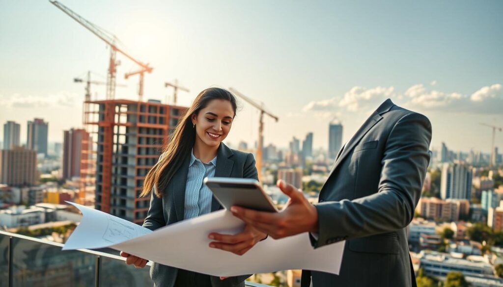 A modern urban landscape showcasing a real estate development in Maringá. In the foreground, a well-dressed couple is attentively reviewing architectural plans and a digital device, portraying a sense of professionalism and optimism about investing in a pre-construction property. The middle ground features a partially constructed building with cranes and scaffolding, symbolizing growth and the potential for appreciation. The background presents a vibrant city skyline under a bright, sunny sky, evoking a feeling of opportunity and progress. Soft, natural lighting illuminates the scene, creating a warm and inviting atmosphere. The angle is slightly elevated to capture both the architectural details and the couple's engaged expressions, reflecting the theme of understanding property valuation. A modern urban landscape showcasing a real estate development in Maringá. In the foreground, a well-dressed couple is attentively reviewing architectural plans and a digital device, portraying a sense of professionalism and optimism about investing in a pre-construction property. The middle ground features a partially constructed building with cranes and scaffolding, symbolizing growth and the potential for appreciation. The background presents a vibrant city skyline under a bright, sunny sky, evoking a feeling of opportunity and progress. Soft, natural lighting illuminates the scene, creating a warm and inviting atmosphere. The angle is slightly elevated to capture both the architectural details and the couple's engaged expressions, reflecting the theme of understanding property valuation.