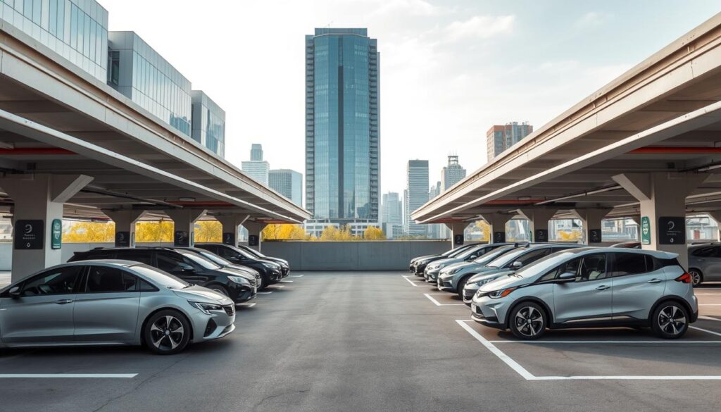 A modern urban parking garage located in a bustling city center, showcasing high-quality infrastructure. In the foreground, several vehicles of varying sizes, including a luxury sedan and an electric car, parked neatly in designated spaces. The middle section features well-marked lanes and clear signage for efficient navigation. The background depicts a skyline of contemporary buildings with large windows, reflecting the vibrant city life. Soft daylight filters through, illuminating the scene and creating a warm, inviting atmosphere. The angle is slightly elevated, providing a comprehensive view of the parking space, while the overall mood is organized and professional, capturing the essence of a well-designed parking facility. A modern urban parking garage located in a bustling city center, showcasing high-quality infrastructure. In the foreground, several vehicles of varying sizes, including a luxury sedan and an electric car, parked neatly in designated spaces. The middle section features well-marked lanes and clear signage for efficient navigation. The background depicts a skyline of contemporary buildings with large windows, reflecting the vibrant city life. Soft daylight filters through, illuminating the scene and creating a warm, inviting atmosphere. The angle is slightly elevated, providing a comprehensive view of the parking space, while the overall mood is organized and professional, capturing the essence of a well-designed parking facility.