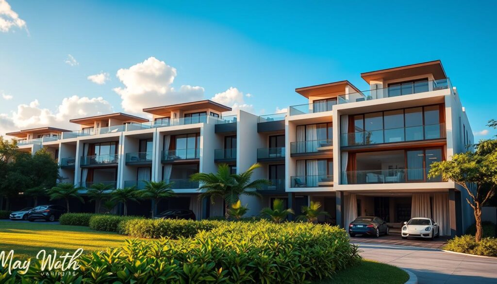 A modern urban scene depicting a selection of vacant luxury suites in Maringá, Brazil, in the foreground. The suites feature contemporary design elements, large windows with elegant curtains, and stylish furnishings that showcase their potential for living. In the middle ground, lush greenery and well-maintained landscaping surround the building, enhancing its appeal. The background displays a clear blue sky with soft clouds, portraying a sunny day. The lighting is warm and inviting, casting gentle shadows that add depth. The mood is optimistic and vibrant, conveying the possibilities of real estate investments in Maringá. The angle captures the development at a slightly elevated perspective, highlighting both the architecture and the inviting outdoor spaces. A modern urban scene depicting a selection of vacant luxury suites in Maringá, Brazil, in the foreground. The suites feature contemporary design elements, large windows with elegant curtains, and stylish furnishings that showcase their potential for living. In the middle ground, lush greenery and well-maintained landscaping surround the building, enhancing its appeal. The background displays a clear blue sky with soft clouds, portraying a sunny day. The lighting is warm and inviting, casting gentle shadows that add depth. The mood is optimistic and vibrant, conveying the possibilities of real estate investments in Maringá. The angle captures the development at a slightly elevated perspective, highlighting both the architecture and the inviting outdoor spaces.