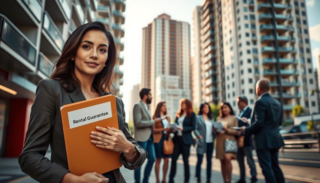 A modern, urban scene depicting the concept of rental guarantees in Maringá. In the foreground, a confident young professional woman in a smart business outfit, holding a folder labeled "Rental Guarantee" while standing on a busy street with apartment buildings in the background. In the middle ground, a diverse group of people engaged in conversation, some holding paperwork, representing landlords and tenants discussing rental agreements. The background showcases the cityscape of Maringá with a clear sky, sunlight filtering through the buildings, creating a warm atmosphere. The image should evoke a sense of trust and professionalism, with natural lighting highlighting the interactions. Angle the shot slightly upward to emphasize the buildings and the lively environment, while keeping it inviting and relatable. A modern, urban scene depicting the concept of rental guarantees in Maringá. In the foreground, a confident young professional woman in a smart business outfit, holding a folder labeled "Rental Guarantee" while standing on a busy street with apartment buildings in the background. In the middle ground, a diverse group of people engaged in conversation, some holding paperwork, representing landlords and tenants discussing rental agreements. The background showcases the cityscape of Maringá with a clear sky, sunlight filtering through the buildings, creating a warm atmosphere. The image should evoke a sense of trust and professionalism, with natural lighting highlighting the interactions. Angle the shot slightly upward to emphasize the buildings and the lively environment, while keeping it inviting and relatable.