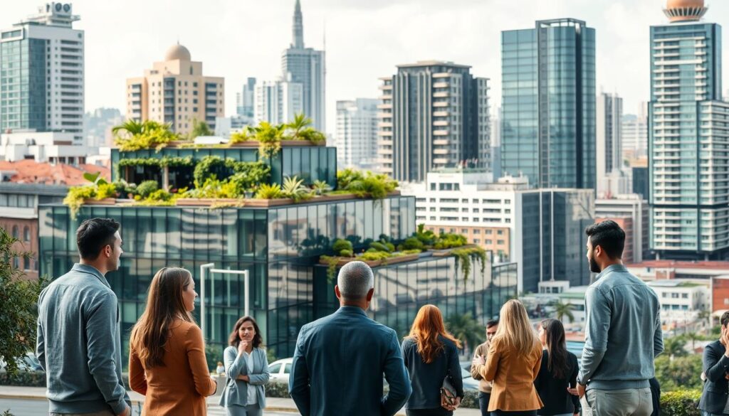 A modern urban scene illustrating the benefits of retrofitting buildings, focusing on a revitalized commercial structure in the center of Maringá. In the foreground, diverse individuals in professional attire engage in discussion, showcasing collaboration and vitality. The middle ground features a modernized building with sleek glass facades and green rooftop terraces, adorned with plants to emphasize sustainability. In the background, the urban skyline of Maringá is visible, blending historic architecture with contemporary designs. Soft, natural lighting creates a warm, inviting atmosphere, while the angle captures the dynamic interaction between people and their environment, symbolizing harmony and community in urban living. The mood is optimistic and forward-thinking, reflecting a sustainable future. A modern urban scene illustrating the benefits of retrofitting buildings, focusing on a revitalized commercial structure in the center of Maringá. In the foreground, diverse individuals in professional attire engage in discussion, showcasing collaboration and vitality. The middle ground features a modernized building with sleek glass facades and green rooftop terraces, adorned with plants to emphasize sustainability. In the background, the urban skyline of Maringá is visible, blending historic architecture with contemporary designs. Soft, natural lighting creates a warm, inviting atmosphere, while the angle captures the dynamic interaction between people and their environment, symbolizing harmony and community in urban living. The mood is optimistic and forward-thinking, reflecting a sustainable future.