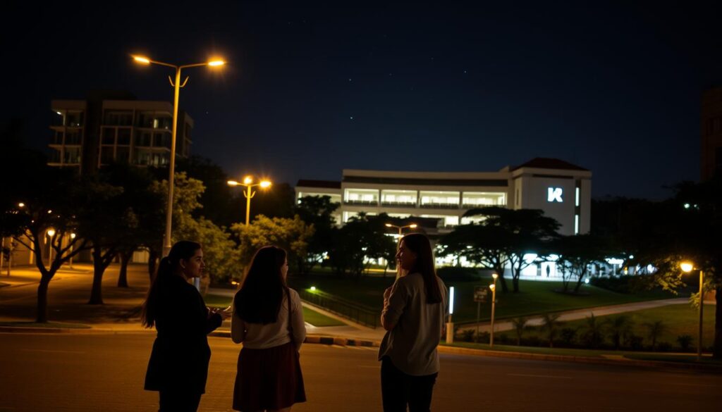 A nighttime scene capturing the ambiance around the Universidade Estadual de Maringá (UEM), emphasizing safety for students and visitors. In the foreground, a group of three individuals dressed in modest casual clothing, engaging in conversation amidst city streets. The middle ground shows well-lit sidewalks lined with trees and modern buildings, creating an inviting atmosphere. The background features a gently illuminated university campus, highlighting its architecture under a starry sky. Street lamps cast a warm glow, while shadows create a sense of mystery, suggesting caution. The overall mood is one of attentiveness and warmth, with a focus on practical safety, ensuring the environment feels both secure and welcoming at night. A nighttime scene capturing the ambiance around the Universidade Estadual de Maringá (UEM), emphasizing safety for students and visitors. In the foreground, a group of three individuals dressed in modest casual clothing, engaging in conversation amidst city streets. The middle ground shows well-lit sidewalks lined with trees and modern buildings, creating an inviting atmosphere. The background features a gently illuminated university campus, highlighting its architecture under a starry sky. Street lamps cast a warm glow, while shadows create a sense of mystery, suggesting caution. The overall mood is one of attentiveness and warmth, with a focus on practical safety, ensuring the environment feels both secure and welcoming at night.