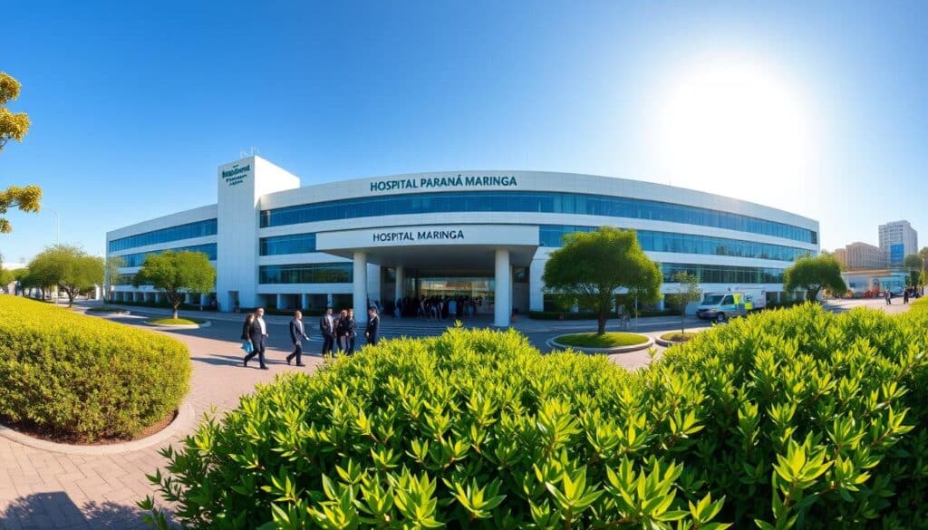 A panoramic view of Hospital Paraná Maringá, showcasing its modern architecture and bright, welcoming façade. The foreground features well-maintained greenery, including trees and bushes, adding a touch of nature. The middle ground captures the hospital's entrance bustling with people in professional business attire, reflecting a vibrant community. In the background, a clear blue sky enhances the atmosphere, with the sun casting soft, natural lighting on the scene. The angle is slightly elevated, providing a comprehensive view of the hospital combined with the surrounding urban landscape. The mood is optimistic and lively, evoking a sense of health and well-being in a thriving environment. A panoramic view of Hospital Paraná Maringá, showcasing its modern architecture and bright, welcoming façade. The foreground features well-maintained greenery, including trees and bushes, adding a touch of nature. The middle ground captures the hospital's entrance bustling with people in professional business attire, reflecting a vibrant community. In the background, a clear blue sky enhances the atmosphere, with the sun casting soft, natural lighting on the scene. The angle is slightly elevated, providing a comprehensive view of the hospital combined with the surrounding urban landscape. The mood is optimistic and lively, evoking a sense of health and well-being in a thriving environment.