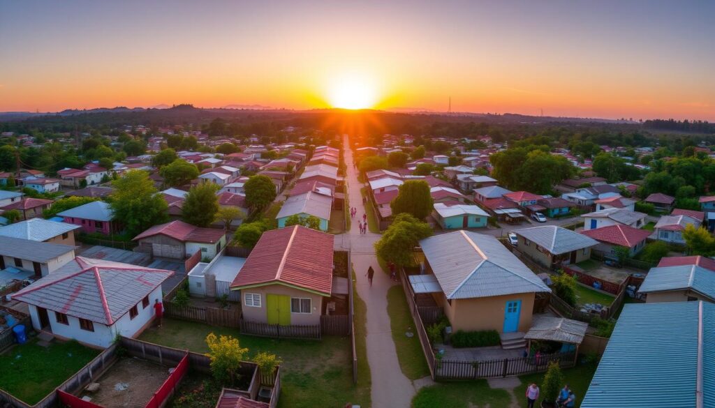 A panoramic view of Vila Santo Antônio in Maringá during sunset, showcasing a vibrant community atmosphere. In the foreground, a mix of modest, well-kept houses with colorful gardens, some with small fences, suggesting a sense of home and affordability. The middle ground features streets bustling with families, with children playing and people walking, dressed in casual clothing. The background displays lush greenery and distant trees, framed by a warm, golden sky transitioning to soft purples as the sun sets. The lighting is soft and inviting, casting gentle shadows and enhancing the cozy ambiance. Capture this scene from a slightly elevated angle to emphasize the community feel, evoking an atmosphere of warmth, friendliness, and cost-effective living. A panoramic view of Vila Santo Antônio in Maringá during sunset, showcasing a vibrant community atmosphere. In the foreground, a mix of modest, well-kept houses with colorful gardens, some with small fences, suggesting a sense of home and affordability. The middle ground features streets bustling with families, with children playing and people walking, dressed in casual clothing. The background displays lush greenery and distant trees, framed by a warm, golden sky transitioning to soft purples as the sun sets. The lighting is soft and inviting, casting gentle shadows and enhancing the cozy ambiance. Capture this scene from a slightly elevated angle to emphasize the community feel, evoking an atmosphere of warmth, friendliness, and cost-effective living.