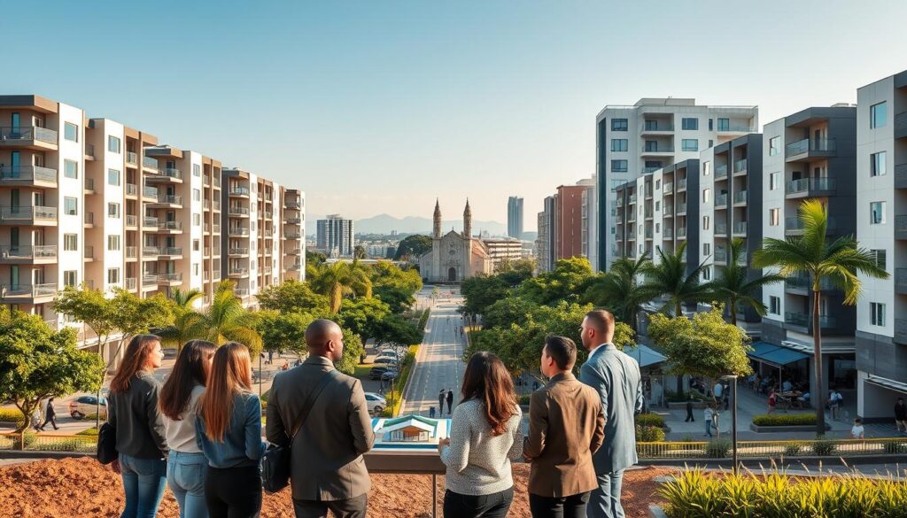 A panoramic view of a modern urban landscape in Maringá, Brazil, showcasing a blend of contemporary residential buildings and green spaces, symbolizing real estate development. In the foreground, a diverse group of young professionals in smart casual attire discusses real estate options in front of a construction site with an architectural model. The middle ground features a vibrant street lined with trees and cafes, filled with people enjoying the day. The background reveals Maringá's distinctive skyline, including the iconic cathedral. Soft afternoon sunlight casts a warm, inviting glow over the scene, enhancing a sense of optimism about future property investment. The viewpoint is slightly elevated, capturing the dynamic atmosphere of progression and value appreciation in real estate. A panoramic view of a modern urban landscape in Maringá, Brazil, showcasing a blend of contemporary residential buildings and green spaces, symbolizing real estate development. In the foreground, a diverse group of young professionals in smart casual attire discusses real estate options in front of a construction site with an architectural model. The middle ground features a vibrant street lined with trees and cafes, filled with people enjoying the day. The background reveals Maringá's distinctive skyline, including the iconic cathedral. Soft afternoon sunlight casts a warm, inviting glow over the scene, enhancing a sense of optimism about future property investment. The viewpoint is slightly elevated, capturing the dynamic atmosphere of progression and value appreciation in real estate.