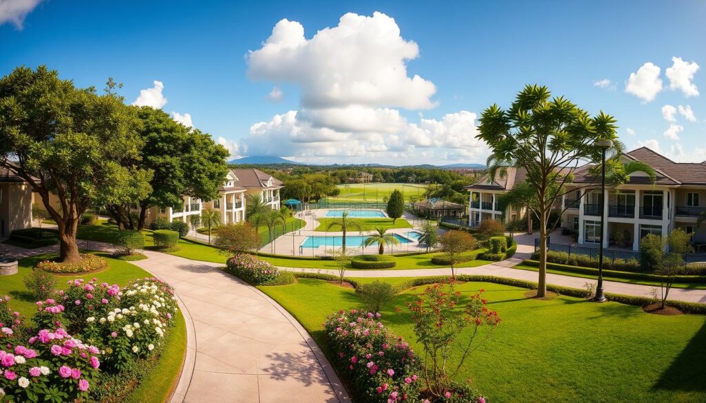 A panoramic view of the Maringá Country Club's surroundings, capturing an upscale residential neighborhood. In the foreground, well-maintained gardens with blooming flowers and manicured lawns flank a serene pathway. In the middle, picturesque homes exhibit modern architecture, showcasing elegant facades with large windows and balconies. Various trees line the streets, providing a lush, green canopy. The background reveals the Country Club's facilities, including its golf course, swimming pool, and tennis courts, set against a clear blue sky with soft, fluffy clouds. The lighting is warm and inviting, enhancing the vibrant colors of the landscape. The atmosphere is peaceful and affluent, depicting a desirable living environment that emphasizes the community's appeal and the positive influence of the Country Club on local real estate. A panoramic view of the Maringá Country Club's surroundings, capturing an upscale residential neighborhood. In the foreground, well-maintained gardens with blooming flowers and manicured lawns flank a serene pathway. In the middle, picturesque homes exhibit modern architecture, showcasing elegant facades with large windows and balconies. Various trees line the streets, providing a lush, green canopy. The background reveals the Country Club's facilities, including its golf course, swimming pool, and tennis courts, set against a clear blue sky with soft, fluffy clouds. The lighting is warm and inviting, enhancing the vibrant colors of the landscape. The atmosphere is peaceful and affluent, depicting a desirable living environment that emphasizes the community's appeal and the positive influence of the Country Club on local real estate.