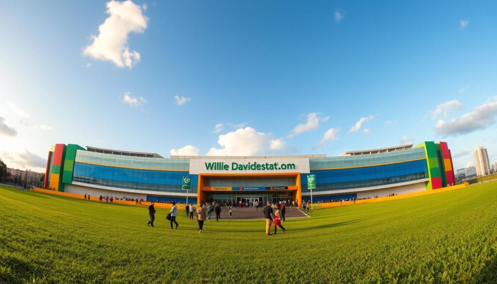 A panoramic view of the Regional Willie Davids Stadium in Maringá, showcasing its modern architecture and vibrant exterior colors. In the foreground, include lush green grass with a few scattered spectators dressed in casual clothing, enjoying a match day atmosphere. The middle ground should feature the stadium's entrance, with well-defined signage and excited fans mingling. In the background, capture a clear blue sky with clouds gently drifting, complemented by the surrounding urban landscape, highlighting Maringá’s unique architecture. Use soft, warm lighting to convey a cheerful, lively mood, and employ a wide-angle lens effect to emphasize the grandeur of the stadium while maintaining depth in the scene. The overall composition should evoke a sense of community and excitement surrounding this iconic venue. A panoramic view of the Regional Willie Davids Stadium in Maringá, showcasing its modern architecture and vibrant exterior colors. In the foreground, include lush green grass with a few scattered spectators dressed in casual clothing, enjoying a match day atmosphere. The middle ground should feature the stadium's entrance, with well-defined signage and excited fans mingling. In the background, capture a clear blue sky with clouds gently drifting, complemented by the surrounding urban landscape, highlighting Maringá’s unique architecture. Use soft, warm lighting to convey a cheerful, lively mood, and employ a wide-angle lens effect to emphasize the grandeur of the stadium while maintaining depth in the scene. The overall composition should evoke a sense of community and excitement surrounding this iconic venue.