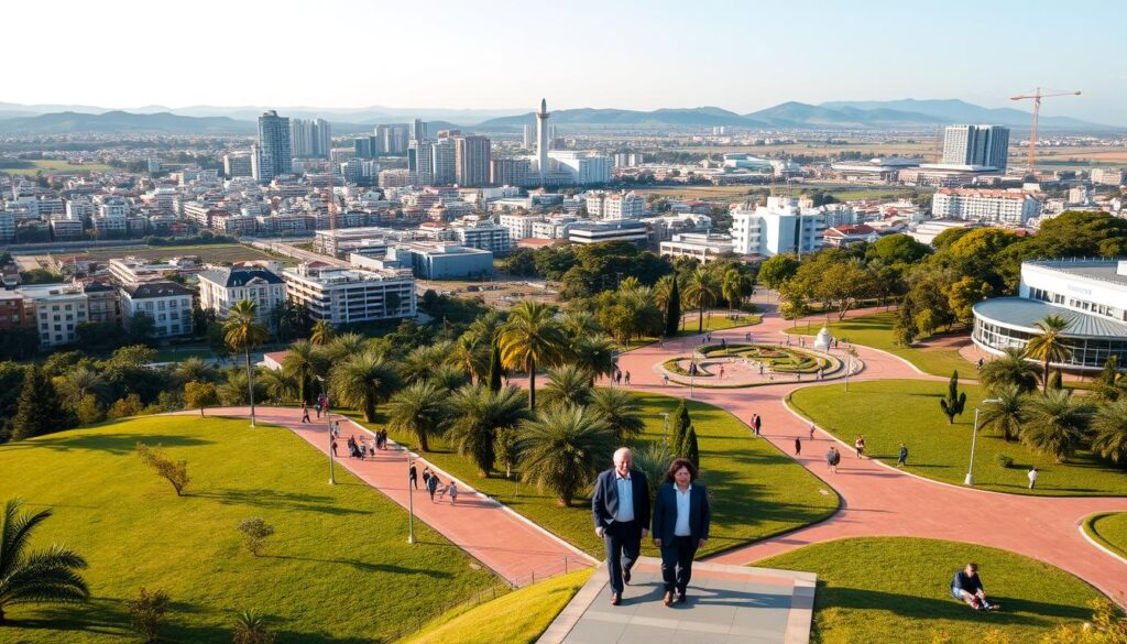 A panoramic view of the metropolitan area of Maringá, showcasing a blend of modern architecture and green spaces. In the foreground, well-maintained parks with families enjoying leisure time, and people in professional business attire walking along vibrant pathways. The middle ground features a city skyline with a mix of residential and commercial buildings, highlighting the urban expansion. In the background, rolling hills and agricultural fields contrast with urban development, symbolizing growth. The lighting is warm and inviting, capturing a late afternoon glow, adding a sense of optimism. The angle is slightly elevated, allowing for a comprehensive view of both the city and surrounding areas. The overall mood is one of progress and community, reflecting the dynamic growth of Maringá. A panoramic view of the metropolitan area of Maringá, showcasing a blend of modern architecture and green spaces. In the foreground, well-maintained parks with families enjoying leisure time, and people in professional business attire walking along vibrant pathways. The middle ground features a city skyline with a mix of residential and commercial buildings, highlighting the urban expansion. In the background, rolling hills and agricultural fields contrast with urban development, symbolizing growth. The lighting is warm and inviting, capturing a late afternoon glow, adding a sense of optimism. The angle is slightly elevated, allowing for a comprehensive view of both the city and surrounding areas. The overall mood is one of progress and community, reflecting the dynamic growth of Maringá.