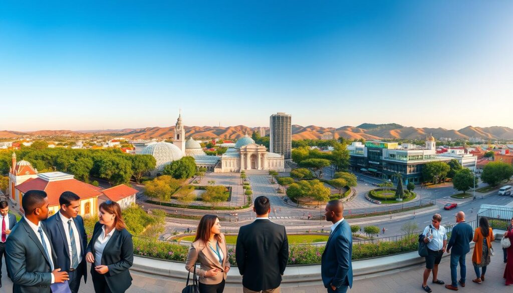 A panoramic view of the vibrant urban landscape of Paraná, focusing on Maringá with its distinctive architecture, lush green parks, and bustling streets. In the foreground, a diverse group of professionals in smart business attire are engaging in conversation, representing the city's dynamic workforce. The middle layer features significant local landmarks like the Cathedral of Maringá and modern commercial buildings surrounded by trees and flowers, symbolizing a blend of nature and urban life. In the background, the rolling hills of the Paraná countryside are bathed in warm, golden sunlight, creating a serene atmosphere. Use a wide-angle lens to capture the expanse and depth of the scene, emphasizing the lively yet peaceful coexistence of urban and natural elements. The overall mood should be optimistic and inviting, reflecting the quality of life in Maringá. A panoramic view of the vibrant urban landscape of Paraná, focusing on Maringá with its distinctive architecture, lush green parks, and bustling streets. In the foreground, a diverse group of professionals in smart business attire are engaging in conversation, representing the city's dynamic workforce. The middle layer features significant local landmarks like the Cathedral of Maringá and modern commercial buildings surrounded by trees and flowers, symbolizing a blend of nature and urban life. In the background, the rolling hills of the Paraná countryside are bathed in warm, golden sunlight, creating a serene atmosphere. Use a wide-angle lens to capture the expanse and depth of the scene, emphasizing the lively yet peaceful coexistence of urban and natural elements. The overall mood should be optimistic and inviting, reflecting the quality of life in Maringá.