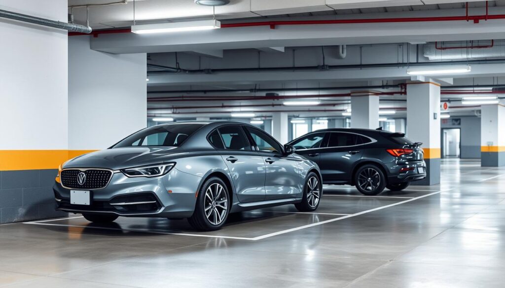 A parking garage scene showcasing a parallel parking space designed for two vehicles. In the foreground, a sleek, modern sedan is perfectly aligned within the designated lines, emphasizing its position parallel to the wall. Nearby, another vehicle is partially visible, demonstrating the spatial relationship typical of parallel parking arrangements. The middle ground features a well-lit garage environment with polished concrete floors and strategically placed overhead lights, casting soft shadows. The background reveals a hint of the garage structure, with clean lines and a modern aesthetic. The overall atmosphere is organized and functional, reflecting a professional and efficient parking experience. The composition should be captured with a wide-angle lens to convey depth, creating an inviting and informative representation of parallel parking in a garage setting. A parking garage scene showcasing a parallel parking space designed for two vehicles. In the foreground, a sleek, modern sedan is perfectly aligned within the designated lines, emphasizing its position parallel to the wall. Nearby, another vehicle is partially visible, demonstrating the spatial relationship typical of parallel parking arrangements. The middle ground features a well-lit garage environment with polished concrete floors and strategically placed overhead lights, casting soft shadows. The background reveals a hint of the garage structure, with clean lines and a modern aesthetic. The overall atmosphere is organized and functional, reflecting a professional and efficient parking experience. The composition should be captured with a wide-angle lens to convey depth, creating an inviting and informative representation of parallel parking in a garage setting.