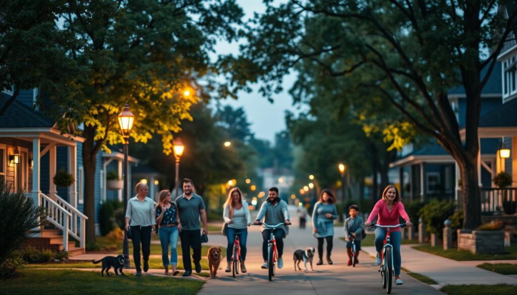 A peaceful urban neighborhood at dusk, softly illuminated by street lamps casting a warm glow on the sidewalks. In the foreground, a diverse group of families, including parents with children, are engaging in friendly conversations while walking their dogs and riding bicycles, all dressed in casual, modest clothing. The middle ground features cozy homes, with front porches adorned with plants, creating an inviting atmosphere. In the background, tall trees frame the street, offering a sense of security and tranquility. The overall mood is one of community, support, and safety, evoking the feeling of a family-friendly environment. Capture this scene with a slight tilt-shift effect to focus on the families, with a soft bokeh background to emphasize the sense of protection and belonging. A peaceful urban neighborhood at dusk, softly illuminated by street lamps casting a warm glow on the sidewalks. In the foreground, a diverse group of families, including parents with children, are engaging in friendly conversations while walking their dogs and riding bicycles, all dressed in casual, modest clothing. The middle ground features cozy homes, with front porches adorned with plants, creating an inviting atmosphere. In the background, tall trees frame the street, offering a sense of security and tranquility. The overall mood is one of community, support, and safety, evoking the feeling of a family-friendly environment. Capture this scene with a slight tilt-shift effect to focus on the families, with a soft bokeh background to emphasize the sense of protection and belonging.