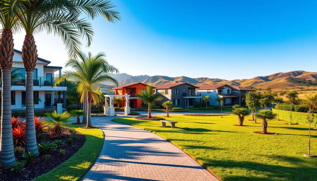 A picturesque, modern gated community in Brazil featuring elegant homes with lush gardens and manicured lawns. In the foreground, a well-maintained pathway leads to the entrance of the community, flanked by palm trees and decorative foliage. The middle ground captures vibrant houses, showcasing diverse architectural styles, with balconies and outdoor spaces that invite relaxation. In the background, rolling hills and a clear blue sky enhance the serene atmosphere. Soft, warm sunlight casts gentle shadows, creating an inviting and prosperous mood. The scene emphasizes safety and exclusivity, attracting potential investors to the concept of gated living. Use a wide-angle lens to capture the grandeur of the landscape while maintaining a clear focus on the community's features. A picturesque, modern gated community in Brazil featuring elegant homes with lush gardens and manicured lawns. In the foreground, a well-maintained pathway leads to the entrance of the community, flanked by palm trees and decorative foliage. The middle ground captures vibrant houses, showcasing diverse architectural styles, with balconies and outdoor spaces that invite relaxation. In the background, rolling hills and a clear blue sky enhance the serene atmosphere. Soft, warm sunlight casts gentle shadows, creating an inviting and prosperous mood. The scene emphasizes safety and exclusivity, attracting potential investors to the concept of gated living. Use a wide-angle lens to capture the grandeur of the landscape while maintaining a clear focus on the community's features.