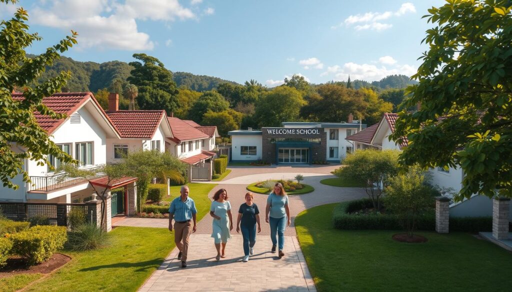 A picturesque residential neighborhood in Maringá, showcasing charming houses with well-maintained gardens and tree-lined streets. In the foreground, a group of families walks together, dressed in casual clothing, enjoying the pleasant atmosphere. The middle ground features a modern private school with a welcoming entrance, highlighting the proximity to the homes. In the background, lush greenery and a clear blue sky add vibrancy to the scene, while warm sunlight casts gentle shadows. A drone shot perspective captures the essence of community living, emphasizing accessibility to educational facilities. The mood is friendly and inviting, promoting the idea of a close-knit neighborhood with easy access to quality education. A picturesque residential neighborhood in Maringá, showcasing charming houses with well-maintained gardens and tree-lined streets. In the foreground, a group of families walks together, dressed in casual clothing, enjoying the pleasant atmosphere. The middle ground features a modern private school with a welcoming entrance, highlighting the proximity to the homes. In the background, lush greenery and a clear blue sky add vibrancy to the scene, while warm sunlight casts gentle shadows. A drone shot perspective captures the essence of community living, emphasizing accessibility to educational facilities. The mood is friendly and inviting, promoting the idea of a close-knit neighborhood with easy access to quality education.