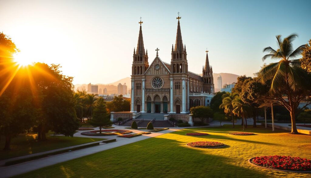 A picturesque scene of the Catedral Basílica Menor de Nossa Senhora da Glória, beautifully illuminated by the warm glow of a golden sunset. In the foreground, a serene park with lush greenery, dotted with colorful flowers and well-kept pathways leading to the cathedral's entrance. The middle ground features the grand cathedral, showcasing its exquisite neo-Gothic architecture with intricate details and towering spires reaching towards the sky. In the background, a soft focus on Maringá's skyline subtly complements the cathedral's prominence. The atmosphere is tranquil and inspiring, evoking a sense of reverence and history. The lighting casts gentle shadows, enhancing the textures of the cathedral and surrounding park, captured from a slightly elevated angle to provide depth and perspective. A picturesque scene of the Catedral Basílica Menor de Nossa Senhora da Glória, beautifully illuminated by the warm glow of a golden sunset. In the foreground, a serene park with lush greenery, dotted with colorful flowers and well-kept pathways leading to the cathedral's entrance. The middle ground features the grand cathedral, showcasing its exquisite neo-Gothic architecture with intricate details and towering spires reaching towards the sky. In the background, a soft focus on Maringá's skyline subtly complements the cathedral's prominence. The atmosphere is tranquil and inspiring, evoking a sense of reverence and history. The lighting casts gentle shadows, enhancing the textures of the cathedral and surrounding park, captured from a slightly elevated angle to provide depth and perspective.