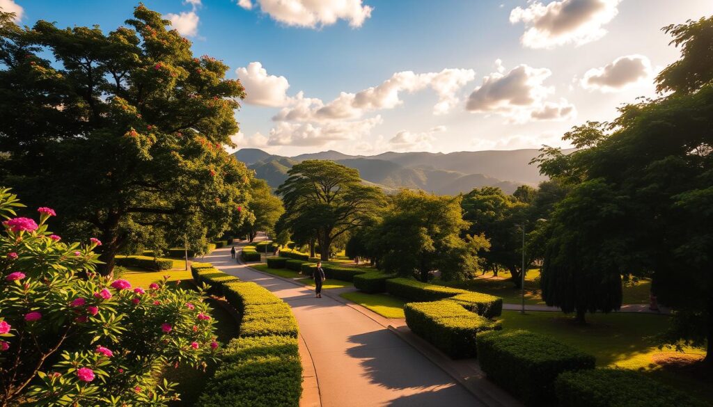 A picturesque view of Parque do Ingá in Maringá, Brazil, showcasing lush greenery and vibrant flowering trees in the foreground. In the middle ground, a peaceful pathway winds through the park, lined with well-maintained bushes and a few passive pedestrians enjoying the serene atmosphere. The background features distant hills bathed in warm, golden sunlight, creating an inviting ambiance. The scene captures a clear blue sky with scattered fluffy clouds, enhancing the tranquility. The image is shot with a soft focus, providing a dreamy effect, while the natural light gently illuminates the park, creating captivating contrasts and shadows. The overall mood conveys relaxation, health, and the appealing lifestyle benefits of living adjacent to such a beautiful park. A picturesque view of Parque do Ingá in Maringá, Brazil, showcasing lush greenery and vibrant flowering trees in the foreground. In the middle ground, a peaceful pathway winds through the park, lined with well-maintained bushes and a few passive pedestrians enjoying the serene atmosphere. The background features distant hills bathed in warm, golden sunlight, creating an inviting ambiance. The scene captures a clear blue sky with scattered fluffy clouds, enhancing the tranquility. The image is shot with a soft focus, providing a dreamy effect, while the natural light gently illuminates the park, creating captivating contrasts and shadows. The overall mood conveys relaxation, health, and the appealing lifestyle benefits of living adjacent to such a beautiful park.