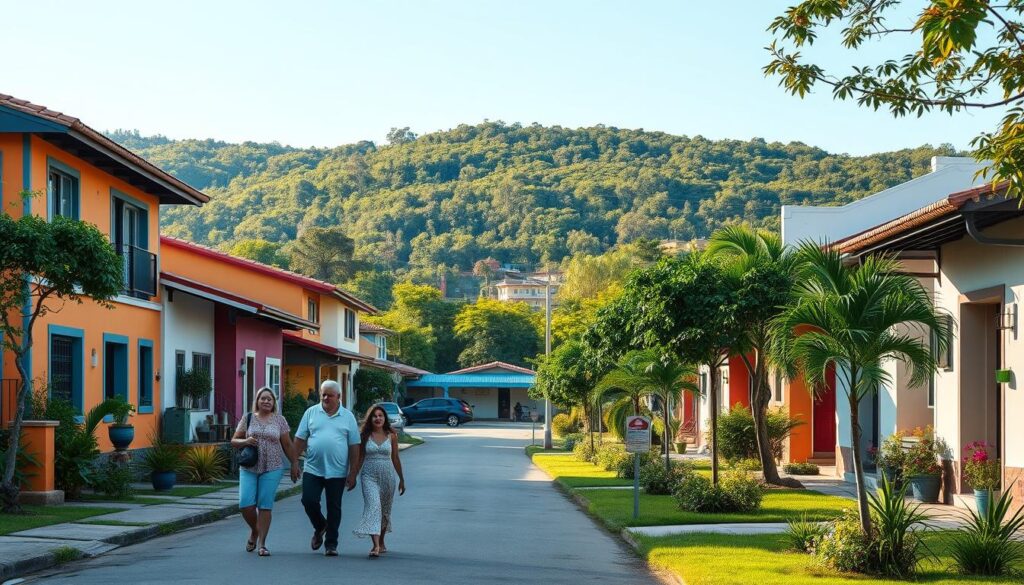 A picturesque view of Vila Santo Antônio in Maringá, Brazil, showcasing charming residential homes with vibrant, colorful facades and well-kept gardens lining a peaceful street. In the foreground, a family of four is strolling leisurely, dressed in modest casual clothing, enjoying the neighborhood atmosphere. The middle ground features several small shops with welcoming entrances, blending seamlessly with the residential feel. In the background, the silhouette of lush greenery and blue sky creates a serene suburban vibe. The lighting is warm and inviting, suggesting a late afternoon sun casting gentle shadows. The composition captures a sense of community and affordability, illustrating the essence of living in Vila Santo Antônio. A picturesque view of Vila Santo Antônio in Maringá, Brazil, showcasing charming residential homes with vibrant, colorful facades and well-kept gardens lining a peaceful street. In the foreground, a family of four is strolling leisurely, dressed in modest casual clothing, enjoying the neighborhood atmosphere. The middle ground features several small shops with welcoming entrances, blending seamlessly with the residential feel. In the background, the silhouette of lush greenery and blue sky creates a serene suburban vibe. The lighting is warm and inviting, suggesting a late afternoon sun casting gentle shadows. The composition captures a sense of community and affordability, illustrating the essence of living in Vila Santo Antônio.