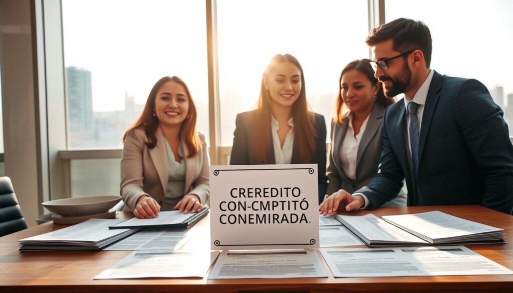 A professional business meeting scene in a modern office setting. In the foreground, a diverse group of three individuals is engaged in a discussion about financial opportunities, with a focus on real estate investment. They are dressed in smart business attire, with expressions of enthusiasm and focus. In the middle, a large tabletop is covered with documents, including a prominent "Carta de Crédito Contemplada" prominently displayed. In the background, a panoramic window reveals a city skyline, with sunlight pouring in, creating a warm and inviting atmosphere. The lighting is bright yet soft, emphasizing a productive and optimistic mood. The camera angle captures a dynamic view of the group, conveying a sense of collaboration and hope in achieving their property investment goals. A professional business meeting scene in a modern office setting. In the foreground, a diverse group of three individuals is engaged in a discussion about financial opportunities, with a focus on real estate investment. They are dressed in smart business attire, with expressions of enthusiasm and focus. In the middle, a large tabletop is covered with documents, including a prominent "Carta de Crédito Contemplada" prominently displayed. In the background, a panoramic window reveals a city skyline, with sunlight pouring in, creating a warm and inviting atmosphere. The lighting is bright yet soft, emphasizing a productive and optimistic mood. The camera angle captures a dynamic view of the group, conveying a sense of collaboration and hope in achieving their property investment goals.