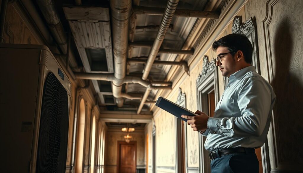 A professional evaluation scene inside an old condominium building, focusing on the air conditioning infrastructure. In the foreground, a technician clad in professional attire is inspecting an ancient air conditioning unit, taking notes on a clipboard. In the middle, exposed ductwork and aged piping can be seen, with visual details highlighting rust and wear. The background features a vintage corridor with ornate moldings and peeling wallpaper, giving a sense of age. Warm, diffused lighting enhances the atmosphere, casting soft shadows that reveal the intricate details of the architecture. A slightly angled perspective adds depth to the scene, inviting viewers to appreciate the balance between modern assessment and historical elements. No text or branding present. A professional evaluation scene inside an old condominium building, focusing on the air conditioning infrastructure. In the foreground, a technician clad in professional attire is inspecting an ancient air conditioning unit, taking notes on a clipboard. In the middle, exposed ductwork and aged piping can be seen, with visual details highlighting rust and wear. The background features a vintage corridor with ornate moldings and peeling wallpaper, giving a sense of age. Warm, diffused lighting enhances the atmosphere, casting soft shadows that reveal the intricate details of the architecture. A slightly angled perspective adds depth to the scene, inviting viewers to appreciate the balance between modern assessment and historical elements. No text or branding present.