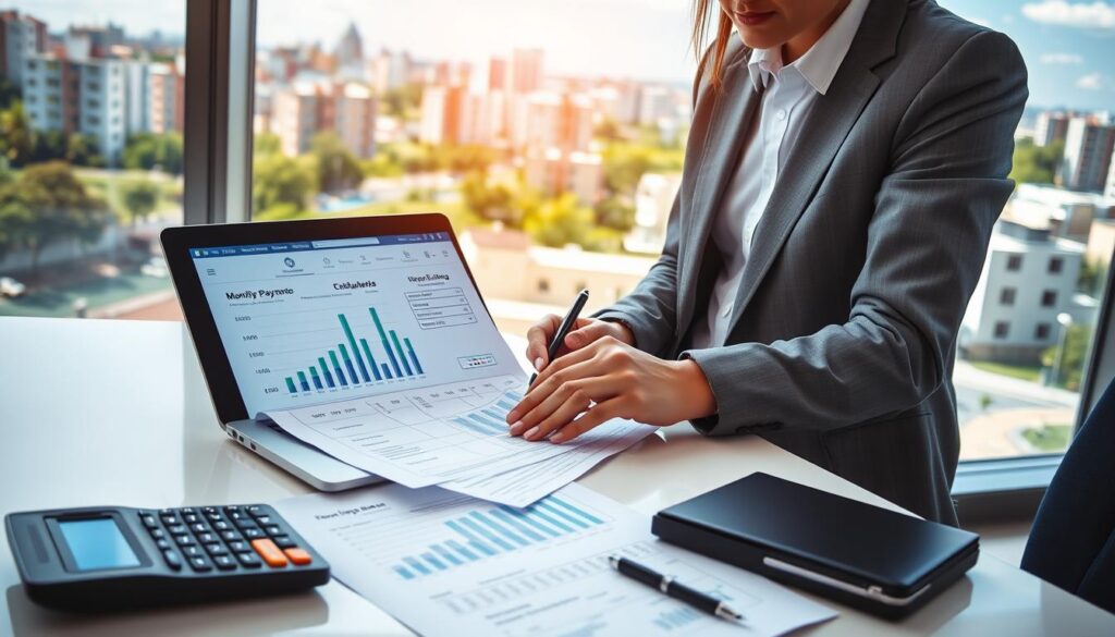 A professional finance setting inside a modern office. In the foreground, a neatly arranged desk with a calculator, financial documents, and a laptop showing a chart of monthly payments and income calculations. In the middle, a business professional in formal attire, focused on analyzing data, holding a pen poised over a piece of paper filled with calculations. In the background, through a large window, a view of urban Maringá with its recognizable architecture, greenery, and a clear blue sky. Soft, natural lighting filters in, creating a bright and optimistic atmosphere, emphasizing the importance of financial planning for real estate investment. The image exudes professionalism and clarity, encouraging understanding of financial responsibilities in home financing. A professional finance setting inside a modern office. In the foreground, a neatly arranged desk with a calculator, financial documents, and a laptop showing a chart of monthly payments and income calculations. In the middle, a business professional in formal attire, focused on analyzing data, holding a pen poised over a piece of paper filled with calculations. In the background, through a large window, a view of urban Maringá with its recognizable architecture, greenery, and a clear blue sky. Soft, natural lighting filters in, creating a bright and optimistic atmosphere, emphasizing the importance of financial planning for real estate investment. The image exudes professionalism and clarity, encouraging understanding of financial responsibilities in home financing.
