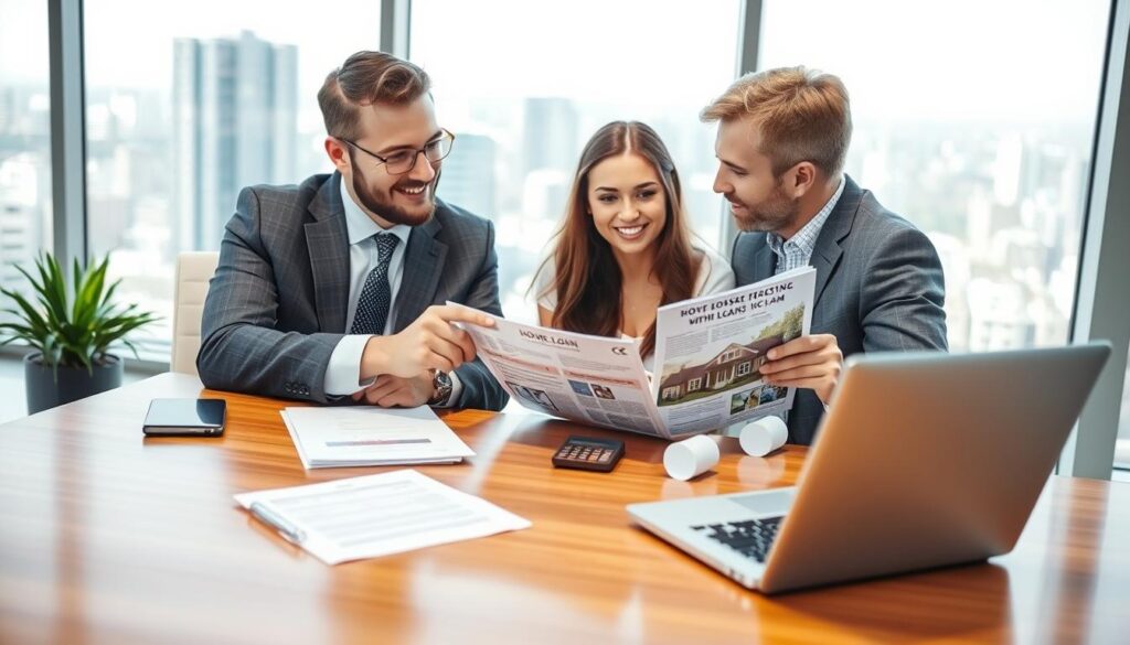 A professional office environment depicting a financial advisor in formal business attire discussing housing financing options with a young couple. The foreground shows a polished wooden desk with documents, a laptop, and a calculator. In the middle, the couple, looking attentive and engaged, is seated across from the advisor who is pointing at a home loan brochure. The background features a modern office with a large window, revealing a cityscape. The lighting is bright and inviting, suggesting a hopeful atmosphere, emphasizing clarity and trust in financial decisions. Capture a sense of professionalism and warmth, highlighting the importance of understanding real estate financing processes. A professional office environment depicting a financial advisor in formal business attire discussing housing financing options with a young couple. The foreground shows a polished wooden desk with documents, a laptop, and a calculator. In the middle, the couple, looking attentive and engaged, is seated across from the advisor who is pointing at a home loan brochure. The background features a modern office with a large window, revealing a cityscape. The lighting is bright and inviting, suggesting a hopeful atmosphere, emphasizing clarity and trust in financial decisions. Capture a sense of professionalism and warmth, highlighting the importance of understanding real estate financing processes.