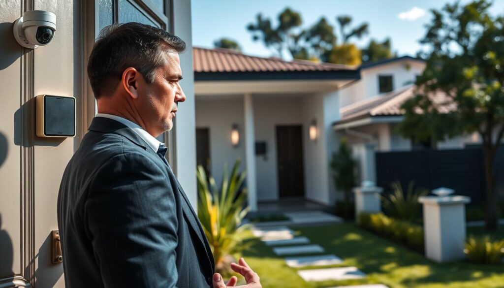 A professional security consultant inspecting a residential property in Maringá, Brazil. In the foreground, a focused, middle-aged man wearing business attire examines a front door equipped with advanced locks and a security camera. The middle ground features a modern, well-maintained home with a neat garden, security lights, and a visible security system indicator. In the background, typical Maringá architecture with trees and a clear blue sky. Soft, natural daylight filters through the scene, emphasizing a sense of safety and professionalism. The atmosphere is calm and reassuring, reflecting the importance of thorough security assessment in residential spaces. A professional security consultant inspecting a residential property in Maringá, Brazil. In the foreground, a focused, middle-aged man wearing business attire examines a front door equipped with advanced locks and a security camera. The middle ground features a modern, well-maintained home with a neat garden, security lights, and a visible security system indicator. In the background, typical Maringá architecture with trees and a clear blue sky. Soft, natural daylight filters through the scene, emphasizing a sense of safety and professionalism. The atmosphere is calm and reassuring, reflecting the importance of thorough security assessment in residential spaces.