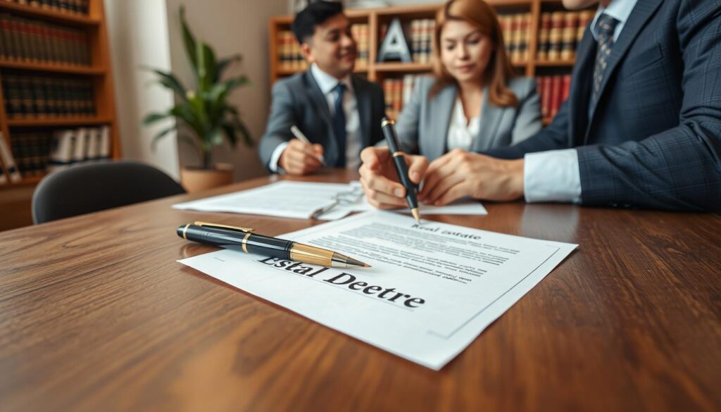 A professional setting depicting a real estate transaction. In the foreground, place a wooden table with legal documents titled "Real Estate Deed" and a stylish pen, symbolizing the escritura. A pair of hands, clad in formal attire, is holding a pen poised over the document. In the middle ground, show a confident real estate agent discussing with a couple, all dressed in business casual, emphasizing the importance of the escritura and registration process. In the background, include shelves filled with law books and a potted plant to convey a warm, inviting atmosphere. The lighting should be soft and warm, creating a sense of professionalism and trust. The scene is captured at eye level, focusing on the interaction and the significant documents on the table. A professional setting depicting a real estate transaction. In the foreground, place a wooden table with legal documents titled "Real Estate Deed" and a stylish pen, symbolizing the escritura. A pair of hands, clad in formal attire, is holding a pen poised over the document. In the middle ground, show a confident real estate agent discussing with a couple, all dressed in business casual, emphasizing the importance of the escritura and registration process. In the background, include shelves filled with law books and a potted plant to convey a warm, inviting atmosphere. The lighting should be soft and warm, creating a sense of professionalism and trust. The scene is captured at eye level, focusing on the interaction and the significant documents on the table.