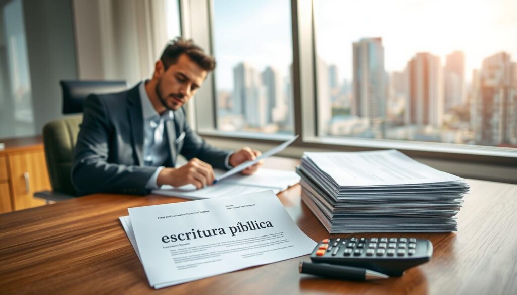 A professional setting depicting the process of public writing for property documentation in Maringá. In the foreground, a well-dressed real estate agent in a tailored suit is seated at a modern wooden desk, reviewing documents with a focused expression. In the middle ground, a stack of paperwork labeled "escritura pública" is prominently displayed, alongside a pen and a calculator, symbolizing meticulous financial planning. In the background, a window reveals a glimpse of Maringá’s skyline, showcasing its iconic buildings bathed in natural light, creating a bright and optimistic atmosphere. The overall mood is professional and transparent, with soft, warm lighting highlighting the seriousness of property transactions. A professional setting depicting the process of public writing for property documentation in Maringá. In the foreground, a well-dressed real estate agent in a tailored suit is seated at a modern wooden desk, reviewing documents with a focused expression. In the middle ground, a stack of paperwork labeled "escritura pública" is prominently displayed, alongside a pen and a calculator, symbolizing meticulous financial planning. In the background, a window reveals a glimpse of Maringá’s skyline, showcasing its iconic buildings bathed in natural light, creating a bright and optimistic atmosphere. The overall mood is professional and transparent, with soft, warm lighting highlighting the seriousness of property transactions.