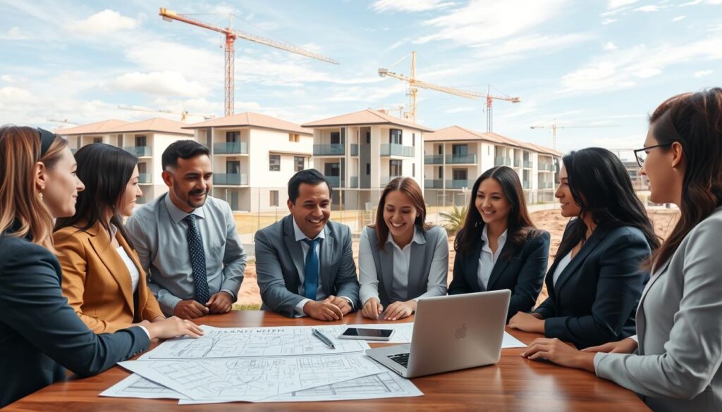 A professional setting showcasing the "Programa Casa Fácil" initiative in Maringá, Paraná. In the foreground, a diverse group of people in business attire discussing housing plans, with blueprints and a laptop on a table. In the middle ground, modern housing units being constructed, demonstrating recent investments in residential projects. The background features a clear sky, symbolizing hope and progress, with cranes and construction workers actively engaged. Bright, natural lighting illuminates the scene, creating an optimistic atmosphere, while a wide-angle lens captures the spaciousness of the environment. The image conveys a sense of community, collaboration, and the essence of housing development initiatives. A professional setting showcasing the "Programa Casa Fácil" initiative in Maringá, Paraná. In the foreground, a diverse group of people in business attire discussing housing plans, with blueprints and a laptop on a table. In the middle ground, modern housing units being constructed, demonstrating recent investments in residential projects. The background features a clear sky, symbolizing hope and progress, with cranes and construction workers actively engaged. Bright, natural lighting illuminates the scene, creating an optimistic atmosphere, while a wide-angle lens captures the spaciousness of the environment. The image conveys a sense of community, collaboration, and the essence of housing development initiatives.