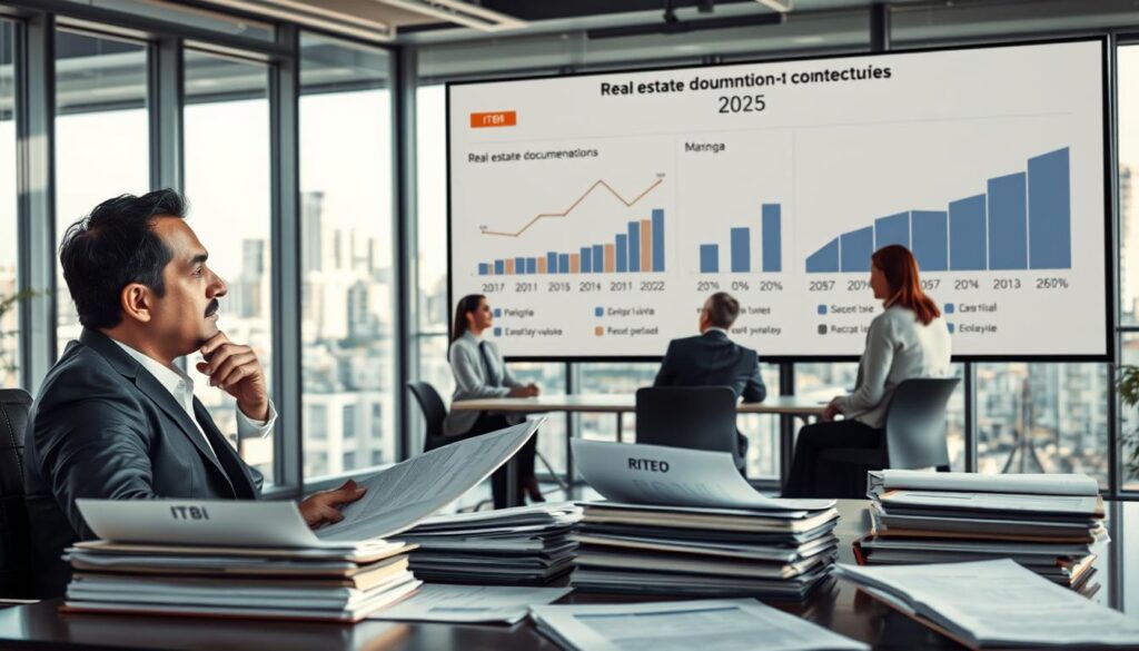 A realistic depiction of a financial discussion about real estate documentation costs. In the foreground, a professional business person is sitting at a desk, surrounded by folders labeled with terms like “ITBI” and “Registro,” analyzing documents with a thoughtful expression, wearing a neat suit. In the middle ground, there are two additional professionals engaged in a conversation with graphs and charts illustrating percentage values and averages on a large screen, showing trends in real estate documentation costs for 2025. The background reveals a modern office with large windows allowing soft natural light to stream in, highlighting a cityscape of Maringá outside, creating a supportive atmosphere of diligence and professionalism. The overall mood is focused and serious, ideal for a business context. A realistic depiction of a financial discussion about real estate documentation costs. In the foreground, a professional business person is sitting at a desk, surrounded by folders labeled with terms like “ITBI” and “Registro,” analyzing documents with a thoughtful expression, wearing a neat suit. In the middle ground, there are two additional professionals engaged in a conversation with graphs and charts illustrating percentage values and averages on a large screen, showing trends in real estate documentation costs for 2025. The background reveals a modern office with large windows allowing soft natural light to stream in, highlighting a cityscape of Maringá outside, creating a supportive atmosphere of diligence and professionalism. The overall mood is focused and serious, ideal for a business context.