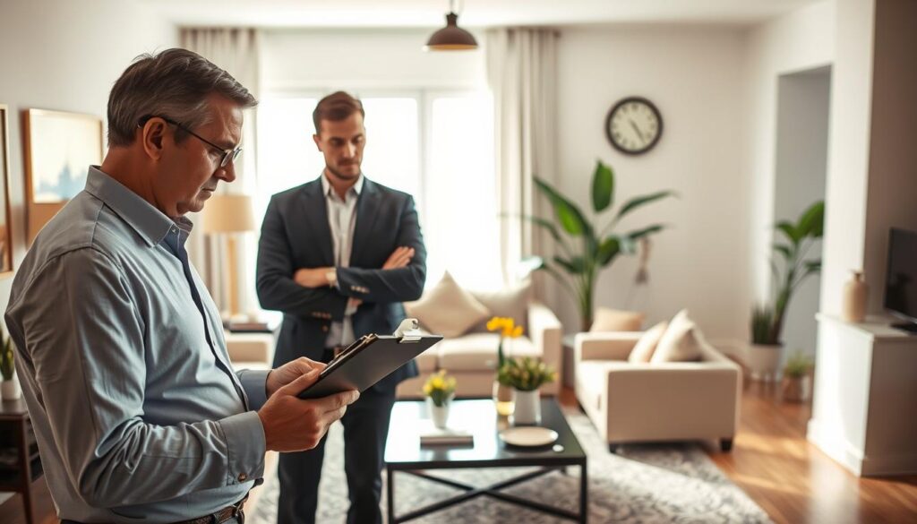 A realistic interior scene depicting a property inspection for rental purposes. In the foreground, a focused inspector in professional attire examines a clipboard, while a well-dressed tenant observes attentively beside them. The middle of the room showcases a well-lit living space with elegant furnishings, including a sofa, coffee table, and decorative plants. A large window allows natural light to flood in, creating a warm and inviting atmosphere. In the background, one can see subtle details like a clock on the wall and house plants, enhancing the homely feel. The overall mood is serious yet collaborative, emphasizing professionalism in property inspections. Soft lighting highlights the textures and colors of the room, bringing a sense of clarity and focus to the inspection process. A realistic interior scene depicting a property inspection for rental purposes. In the foreground, a focused inspector in professional attire examines a clipboard, while a well-dressed tenant observes attentively beside them. The middle of the room showcases a well-lit living space with elegant furnishings, including a sofa, coffee table, and decorative plants. A large window allows natural light to flood in, creating a warm and inviting atmosphere. In the background, one can see subtle details like a clock on the wall and house plants, enhancing the homely feel. The overall mood is serious yet collaborative, emphasizing professionalism in property inspections. Soft lighting highlights the textures and colors of the room, bringing a sense of clarity and focus to the inspection process.