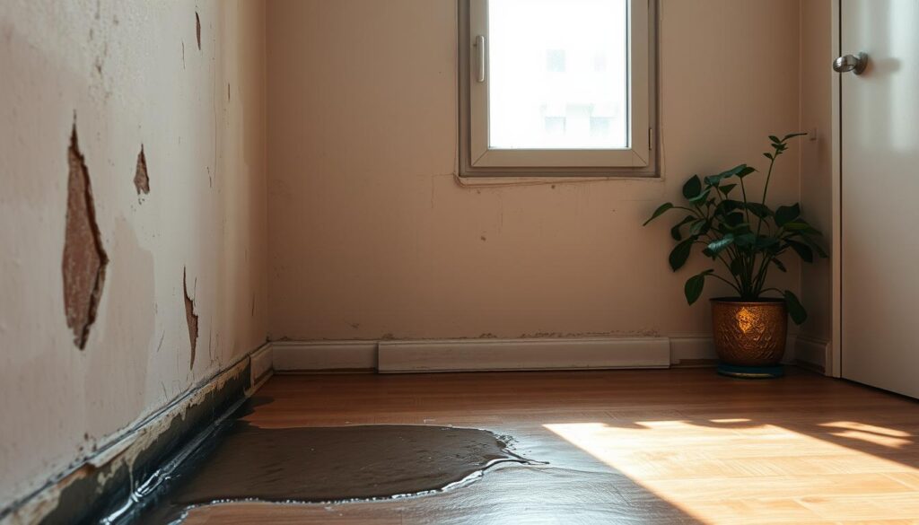 A residential ground floor apartment interior, showcasing various causes of moisture issues such as damp walls, water stains, and humidity damage. The foreground features a close-up of a wall with peeling paint and a small puddle on the floor. In the middle ground, a window reveals condensation and improperly sealed edges. The background displays an indoor plant thriving in a corner, suggesting overwatering. Natural light filters in through the window, casting gentle shadows that enhance the atmosphere of dampness. The overall mood is an informative yet serious tone, highlighting the challenges of living in low-lying residential areas susceptible to moisture. Shot from a slightly elevated angle to provide a comprehensive view of the interior space. A residential ground floor apartment interior, showcasing various causes of moisture issues such as damp walls, water stains, and humidity damage. The foreground features a close-up of a wall with peeling paint and a small puddle on the floor. In the middle ground, a window reveals condensation and improperly sealed edges. The background displays an indoor plant thriving in a corner, suggesting overwatering. Natural light filters in through the window, casting gentle shadows that enhance the atmosphere of dampness. The overall mood is an informative yet serious tone, highlighting the challenges of living in low-lying residential areas susceptible to moisture. Shot from a slightly elevated angle to provide a comprehensive view of the interior space.