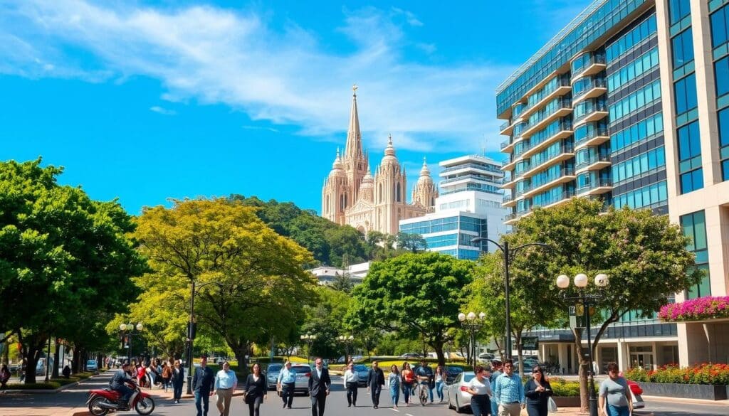 A scenic view of Maringá, Brazil, showcasing a vibrant urban landscape under clear blue skies. In the foreground, a lively street scene with pedestrians in professional attire, walking under the shade of lush trees lining the sidewalks. The middle ground features modern high-rise buildings with glass facades, emphasizing the urban development and architectural style of Maringá. Surrounding the buildings, there are green parks and open spaces, with cheerful flowering plants adding color to the environment. The background presents the iconic Cathedral of Maringá, towering against the skyline. The lighting is warm and inviting, capturing the essence of a sunny day. The composition should be dynamic and balanced, reflecting the unique climate and urban characteristics of Maringá. A scenic view of Maringá, Brazil, showcasing a vibrant urban landscape under clear blue skies. In the foreground, a lively street scene with pedestrians in professional attire, walking under the shade of lush trees lining the sidewalks. The middle ground features modern high-rise buildings with glass facades, emphasizing the urban development and architectural style of Maringá. Surrounding the buildings, there are green parks and open spaces, with cheerful flowering plants adding color to the environment. The background presents the iconic Cathedral of Maringá, towering against the skyline. The lighting is warm and inviting, capturing the essence of a sunny day. The composition should be dynamic and balanced, reflecting the unique climate and urban characteristics of Maringá.