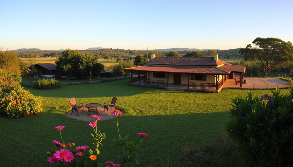 A scenic view of a rural property for sale in Maringá, showcasing a charming chácara surrounded by lush greenery and a clear blue sky. In the foreground, a well-maintained garden features vibrant flowers and a small seating area, inviting relaxation. The middle ground displays a spacious house with rustic architecture, complete with a porch and windows that reflect sunlight, suggesting warmth and comfort. In the background, rolling hills and distant trees provide a serene landscape, creating a peaceful and inviting atmosphere. The lighting is soft, mimicking the golden hour just before sunset, enhancing the tranquil feel of the scene. The image should be captured from an eye-level angle to provide a welcoming perspective, focusing on the beauty and appeal of rural leisure properties in the Maringá region. A scenic view of a rural property for sale in Maringá, showcasing a charming chácara surrounded by lush greenery and a clear blue sky. In the foreground, a well-maintained garden features vibrant flowers and a small seating area, inviting relaxation. The middle ground displays a spacious house with rustic architecture, complete with a porch and windows that reflect sunlight, suggesting warmth and comfort. In the background, rolling hills and distant trees provide a serene landscape, creating a peaceful and inviting atmosphere. The lighting is soft, mimicking the golden hour just before sunset, enhancing the tranquil feel of the scene. The image should be captured from an eye-level angle to provide a welcoming perspective, focusing on the beauty and appeal of rural leisure properties in the Maringá region.