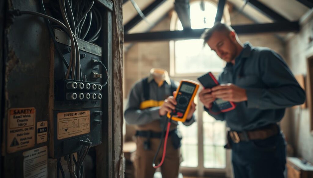 A secure and well-maintained electrical system in an old property, highlighting the importance of electrical safety during real estate evaluations. In the foreground, showcase a vintage circuit breaker panel with aged wires and safety labels, emphasizing wear and tear. The middle ground features an electrician in professional attire inspecting the panel using a multimeter, demonstrating safety practices. Behind them, include an ambiance of an old, historic home, with exposed beams and classic windows allowing soft, natural light to filter in, creating a warm yet serious atmosphere. Use a shallow depth of field to focus on the electrician while slightly blurring the background, accentuating the importance of electrical safety in aging properties. The overall mood should be informative and cautious, underscoring the significance of electrical evaluations. A secure and well-maintained electrical system in an old property, highlighting the importance of electrical safety during real estate evaluations. In the foreground, showcase a vintage circuit breaker panel with aged wires and safety labels, emphasizing wear and tear. The middle ground features an electrician in professional attire inspecting the panel using a multimeter, demonstrating safety practices. Behind them, include an ambiance of an old, historic home, with exposed beams and classic windows allowing soft, natural light to filter in, creating a warm yet serious atmosphere. Use a shallow depth of field to focus on the electrician while slightly blurring the background, accentuating the importance of electrical safety in aging properties. The overall mood should be informative and cautious, underscoring the significance of electrical evaluations.
