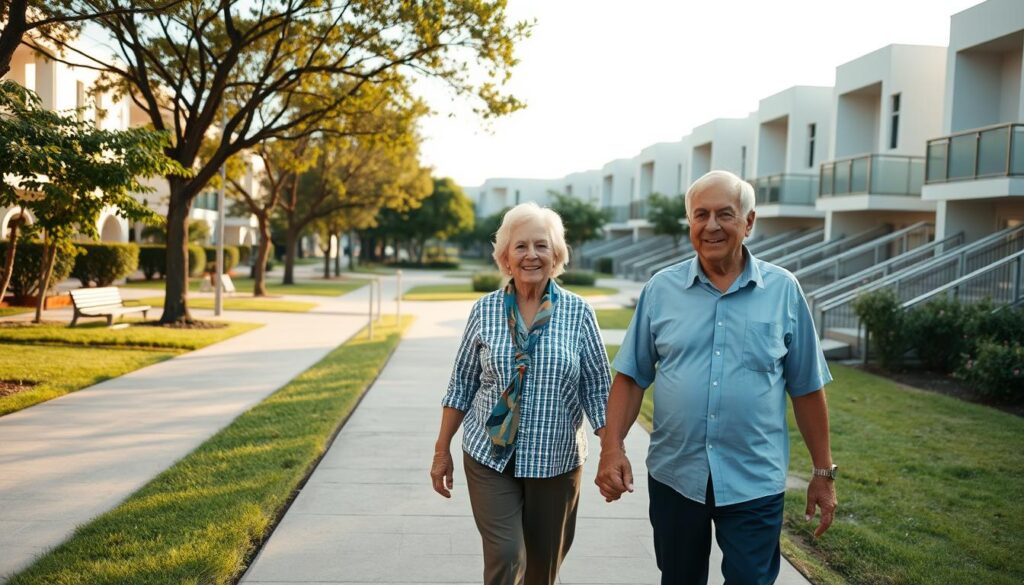 A serene, accessible neighborhood scene in Maringá, showcasing wide, well-maintained sidewalks, smooth surfaces, and gentle slopes suitable for elderly pedestrians. In the foreground, a friendly older couple dressed in modest casual clothing strolls hand in hand along the path, their expressions relaxed and content. The middle ground features inviting green spaces with benches and trees providing ample shade, with a few blooming flowers adding a touch of color. In the background, low-rise, modern residential buildings can be seen, designed with ramps and easy access points. The lighting is warm and natural, indicative of a bright, pleasant day, casting soft shadows and creating a welcoming atmosphere. The image captures the essence of community and accessibility, embodying a safe environment for seniors. A serene, accessible neighborhood scene in Maringá, showcasing wide, well-maintained sidewalks, smooth surfaces, and gentle slopes suitable for elderly pedestrians. In the foreground, a friendly older couple dressed in modest casual clothing strolls hand in hand along the path, their expressions relaxed and content. The middle ground features inviting green spaces with benches and trees providing ample shade, with a few blooming flowers adding a touch of color. In the background, low-rise, modern residential buildings can be seen, designed with ramps and easy access points. The lighting is warm and natural, indicative of a bright, pleasant day, casting soft shadows and creating a welcoming atmosphere. The image captures the essence of community and accessibility, embodying a safe environment for seniors.