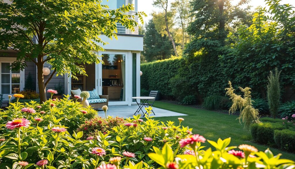 A serene and inviting apartment garden, showcasing a ground-level unit with its own lush private garden. In the foreground, vibrant greenery with well-kept flowers and ornamental plants creates a tranquil atmosphere. Comfortable outdoor furniture, such as a small table and chairs, is placed on a stone patio, suggesting an ideal space for relaxation. The middle section features the apartment's modern architecture, with large glass doors open to the garden, allowing natural light to flood in. In the background, mature trees and leafy shrubs ensure privacy and security, creating an enclosed feeling. The scene is bathed in soft, warm sunlight of a late afternoon, giving off a peaceful and inviting mood, perfect for representing contemporary living. A serene and inviting apartment garden, showcasing a ground-level unit with its own lush private garden. In the foreground, vibrant greenery with well-kept flowers and ornamental plants creates a tranquil atmosphere. Comfortable outdoor furniture, such as a small table and chairs, is placed on a stone patio, suggesting an ideal space for relaxation. The middle section features the apartment's modern architecture, with large glass doors open to the garden, allowing natural light to flood in. In the background, mature trees and leafy shrubs ensure privacy and security, creating an enclosed feeling. The scene is bathed in soft, warm sunlight of a late afternoon, giving off a peaceful and inviting mood, perfect for representing contemporary living.