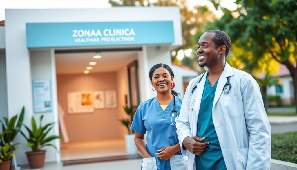 A serene and inviting scene depicting the healthcare professionals in Zona 04, Maringá. In the foreground, two diverse healthcare practitioners—a male doctor in a crisp white coat and a female nurse in smart scrubs—are engaged in a friendly discussion, both smiling warmly. The middle ground features a modern clinic entrance, showcasing a welcoming reception area with health-related posters and green plants, representing a vibrant community. In the background, include the charming neighborhood of Zona 04 with well-maintained homes and trees, bathed in soft, late afternoon sunlight. Use a shallow depth of field to focus on the professionals while gently blurring the background to emphasize their importance. The mood should be uplifting, conveying a sense of community and collaboration among health professionals. A serene and inviting scene depicting the healthcare professionals in Zona 04, Maringá. In the foreground, two diverse healthcare practitioners—a male doctor in a crisp white coat and a female nurse in smart scrubs—are engaged in a friendly discussion, both smiling warmly. The middle ground features a modern clinic entrance, showcasing a welcoming reception area with health-related posters and green plants, representing a vibrant community. In the background, include the charming neighborhood of Zona 04 with well-maintained homes and trees, bathed in soft, late afternoon sunlight. Use a shallow depth of field to focus on the professionals while gently blurring the background to emphasize their importance. The mood should be uplifting, conveying a sense of community and collaboration among health professionals.