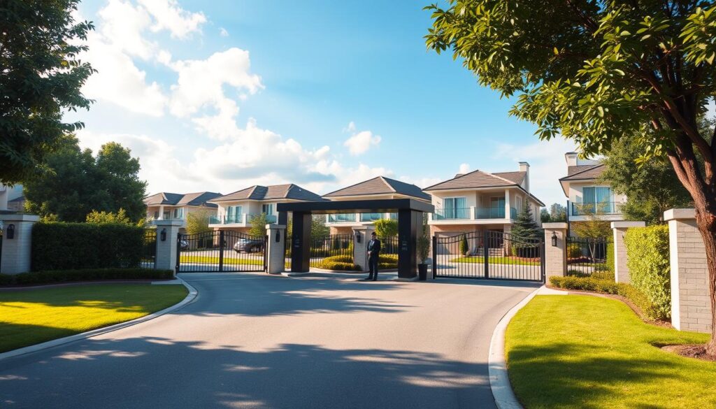 A serene and secure gated residential complex, featuring a well-maintained entrance with a sophisticated guardhouse and security personnel in professional attire. The foreground displays lush greenery and a well-paved driveway that leads into the community. In the middle, there are modern, upscale houses with spacious yards, showcasing family-friendly spaces. The background includes a clear blue sky with soft clouds, casting gentle sunlight on the scene, enhancing the feeling of safety and tranquility. The atmosphere is calm and inviting, suggesting a peaceful lifestyle in a secure environment. The composition focuses on harmony and security while emphasizing the luxurious yet approachable living spaces, highlighting the essence of a safe condominium community. A serene and secure gated residential complex, featuring a well-maintained entrance with a sophisticated guardhouse and security personnel in professional attire. The foreground displays lush greenery and a well-paved driveway that leads into the community. In the middle, there are modern, upscale houses with spacious yards, showcasing family-friendly spaces. The background includes a clear blue sky with soft clouds, casting gentle sunlight on the scene, enhancing the feeling of safety and tranquility. The atmosphere is calm and inviting, suggesting a peaceful lifestyle in a secure environment. The composition focuses on harmony and security while emphasizing the luxurious yet approachable living spaces, highlighting the essence of a safe condominium community.
