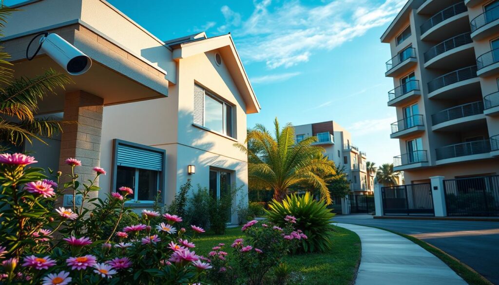 A serene and secure neighborhood scene in Maringá, showcasing a modern house and an apartment building side by side. In the foreground, a well-maintained garden with blooming flowers and a security camera. The middle ground features a sleek, contemporary house with security features like window shutters and outdoor lighting, along with a stylish apartment complex that boasts intercom systems and gated access. The background includes a clear blue sky with soft, warm sunlight casting gentle shadows. The angle is slightly elevated, capturing the essence of safety and community. The mood is calm and inviting, emphasizing peace of mind in residential security. A serene and secure neighborhood scene in Maringá, showcasing a modern house and an apartment building side by side. In the foreground, a well-maintained garden with blooming flowers and a security camera. The middle ground features a sleek, contemporary house with security features like window shutters and outdoor lighting, along with a stylish apartment complex that boasts intercom systems and gated access. The background includes a clear blue sky with soft, warm sunlight casting gentle shadows. The angle is slightly elevated, capturing the essence of safety and community. The mood is calm and inviting, emphasizing peace of mind in residential security.