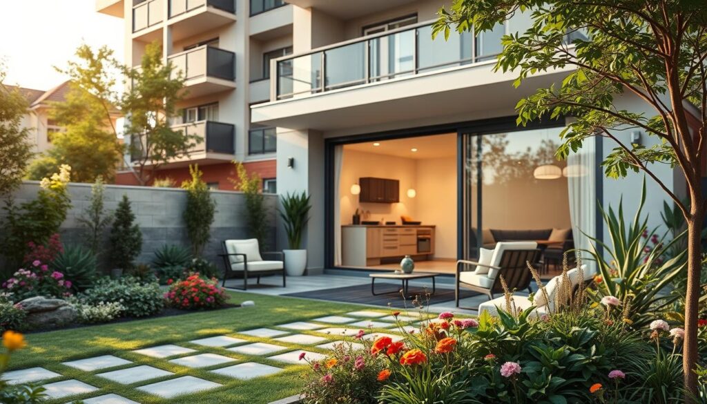 A serene garden apartment scene that conveys a sense of home and security within a condo setting. In the foreground, showcase a beautifully landscaped private garden with lush greenery, colorful flowers, and cozy outdoor furniture, inviting relaxation. The middle layer features a modern, stylish ground-floor apartment with large glass doors that open to the garden, exuding warmth and tranquility. In the background, include tasteful condo architecture that emphasizes security and community, perhaps with a welcoming entrance. The lighting is soft and warm, suggesting late afternoon, with gentle shadows enhancing the atmosphere. Capture the overall mood of safety, privacy, and a sense of belonging, ideal for families or professionals seeking a homely feel within a secure environment. A serene garden apartment scene that conveys a sense of home and security within a condo setting. In the foreground, showcase a beautifully landscaped private garden with lush greenery, colorful flowers, and cozy outdoor furniture, inviting relaxation. The middle layer features a modern, stylish ground-floor apartment with large glass doors that open to the garden, exuding warmth and tranquility. In the background, include tasteful condo architecture that emphasizes security and community, perhaps with a welcoming entrance. The lighting is soft and warm, suggesting late afternoon, with gentle shadows enhancing the atmosphere. Capture the overall mood of safety, privacy, and a sense of belonging, ideal for families or professionals seeking a homely feel within a secure environment.