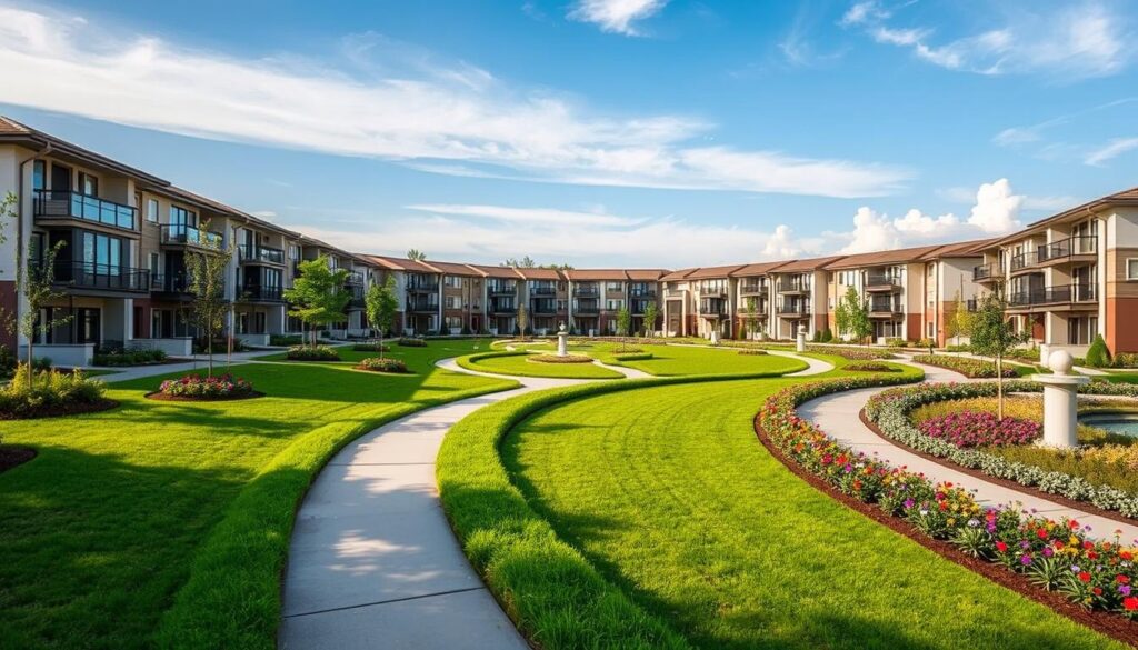 A serene, gated community, showcasing a modern horizontal condominium design. In the foreground, lush greenery lines the winding pathways, with neatly manicured lawns and colorful flower beds. In the middle ground, elegant, spacious homes with large windows and balconies are visible, all conforming to a cohesive architectural style that promotes community living. The background features a clear blue sky with soft, white clouds, creating a peaceful atmosphere. Gentle sunlight bathes the scene, casting soft shadows and enhancing the colors of the environment. The composition captures the essence of safety, tranquility, and communal living, inviting viewers to imagine the lifestyle of residents enjoying their safe haven away from urban chaos. A serene, gated community, showcasing a modern horizontal condominium design. In the foreground, lush greenery lines the winding pathways, with neatly manicured lawns and colorful flower beds. In the middle ground, elegant, spacious homes with large windows and balconies are visible, all conforming to a cohesive architectural style that promotes community living. The background features a clear blue sky with soft, white clouds, creating a peaceful atmosphere. Gentle sunlight bathes the scene, casting soft shadows and enhancing the colors of the environment. The composition captures the essence of safety, tranquility, and communal living, inviting viewers to imagine the lifestyle of residents enjoying their safe haven away from urban chaos.
