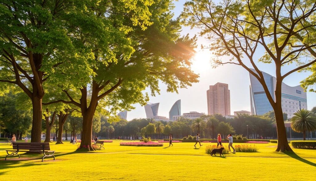 A serene morning scene in Maringá, Brazil, showcasing the gentle glow of the early sunlight filtering through lush green trees. In the foreground, a tranquil park setting with well-maintained grass, a few benches, and vibrant flowers blooming, reflecting the lively and refreshing spirit of a morning. The middle ground features people in casual attire enjoying the outdoors — jogging, walking dogs, or practicing yoga, all illuminated by the soft, warm light of the morning sun. In the background, the unique architectural shapes of Maringá's buildings stand against a clear blue sky, enhancing the calmness of the scene. The lighting emphasizes a soft, golden hue that conveys a peaceful, inviting atmosphere, perfect for illustrating the comforting nature of the morning sun in the city. A serene morning scene in Maringá, Brazil, showcasing the gentle glow of the early sunlight filtering through lush green trees. In the foreground, a tranquil park setting with well-maintained grass, a few benches, and vibrant flowers blooming, reflecting the lively and refreshing spirit of a morning. The middle ground features people in casual attire enjoying the outdoors — jogging, walking dogs, or practicing yoga, all illuminated by the soft, warm light of the morning sun. In the background, the unique architectural shapes of Maringá's buildings stand against a clear blue sky, enhancing the calmness of the scene. The lighting emphasizes a soft, golden hue that conveys a peaceful, inviting atmosphere, perfect for illustrating the comforting nature of the morning sun in the city.